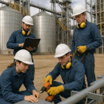 Equipe técnica em campo realizando serviços elétricos industriais