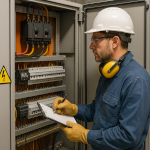 Técnico realizando inspeção em painel elétrico conforme NR10 e NR12